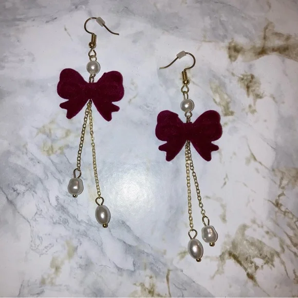 Burgundy Bow Pearl Dangling Statement Earrings Whimsy Coquette Spring Jewelry - Picture 8 of 10